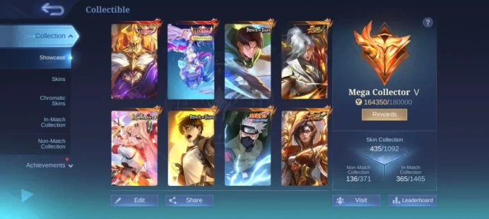 ML49//Mythic Level 128 Winrate 47% Heroes 132 Skins 435 Mega collector leg 2 Naruto Haya Soul 2 KOF 2 asp Guinever PRM 2 attack titan 2 Leo vali