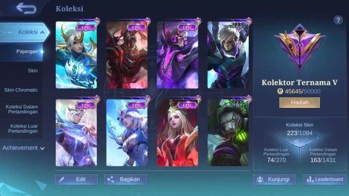 hero 132, skin 223 kof karina, cc nata, saber Layla, cyclop, freya, create granger, emblem all max detail check ss  ML1196B