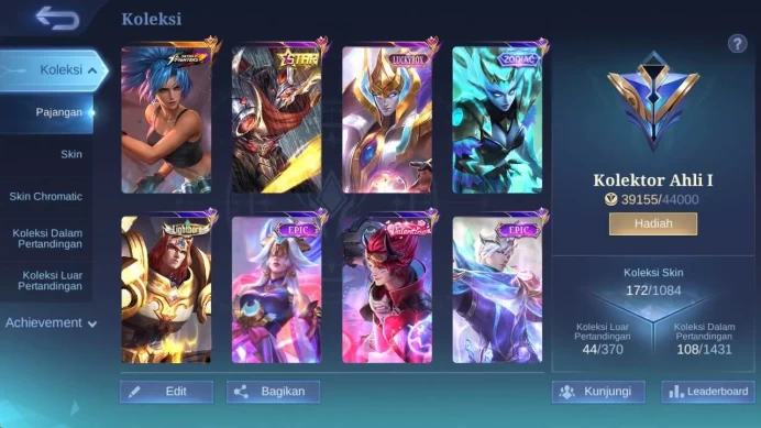 hero 80, skin 172 star haya, LB estes, zodiac selena, saber freya, valentine claude, create granger, emblem max check ss ML1197B