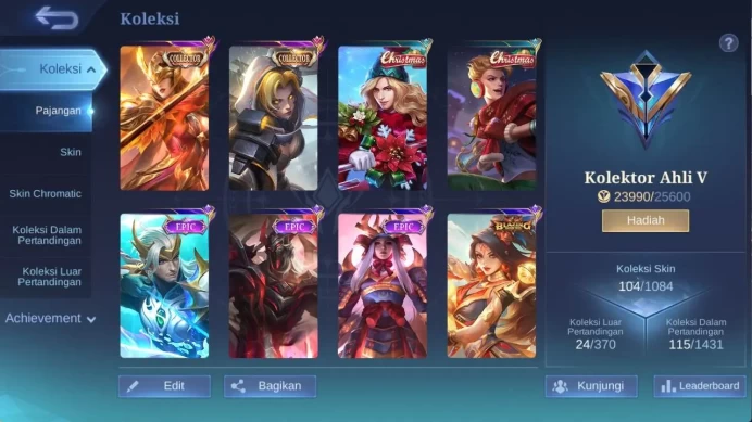 hero 85 skin 104 cc pharsa, saber rafaela, epic irithel, blazing esme christ claude, starlight martis check SS ML1200B