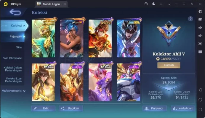 Hero 61|Skin 87|KOF Karina,Prime Granger,Saint Badang,PAce Fanny,Epic Belerick,Mystic Lesley,Venom Harley|Check SS|ML1234B
