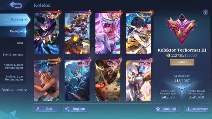 hero 131 skin 400+ legend (freya, miya), aspirant ruby, LB (alice, franco, roger, irithel, zhask), star Lesley, CC YSS ML1273B