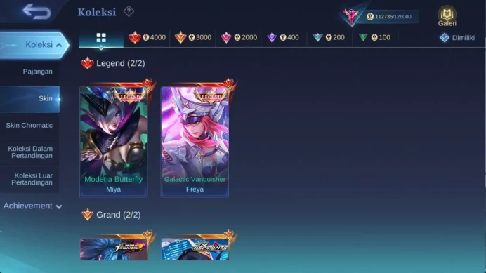 hero 131 skin 400+ legend (freya, miya), aspirant ruby, LB (alice, franco, roger, irithel, zhask), star Lesley, CC YSS ML1273B