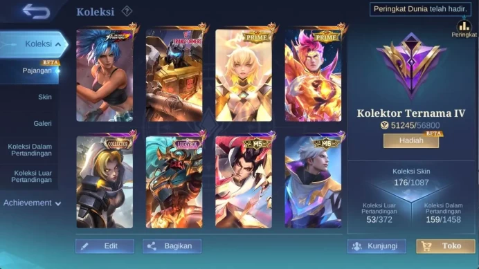 hero 101 skin 170+ prime (Beatrix, claude), LB alpha, zodiac selena, create kadita, champion brodi, M yuzhong, ML1279B