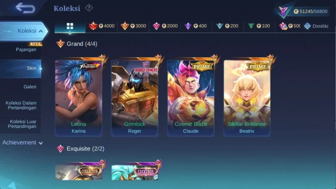 hero 101 skin 170+ prime (Beatrix, claude), LB alpha, zodiac selena, create kadita, champion brodi, M yuzhong, ML1279B