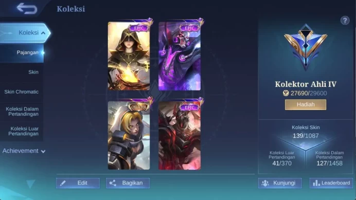 hero 100 skin 130+ saint badang, saber freya, dragon Kimmy, starlight roger, msc claude, create ghranger, ML1281B