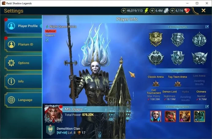 Lv43 575K Power|2 Mythic(Ash'nar,NQ Krixia)|21 Legend(Ninja,Belletar,Xenomorph,Wukong,Etc)|6K Gems+46K Energy|Plarium(RSL1471)