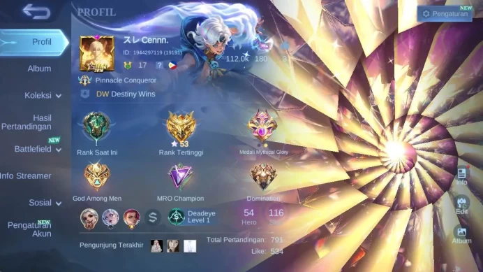 hero 50+, skin 100+ prime GR, KOF dyrroth, annu karie, LB claude, covenant lilya, christ harrith, rising Uranus ML1292B