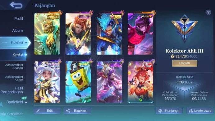 hero 50+, skin 100+ prime GR, KOF dyrroth, annu karie, LB claude, covenant lilya, christ harrith, rising Uranus ML1292B