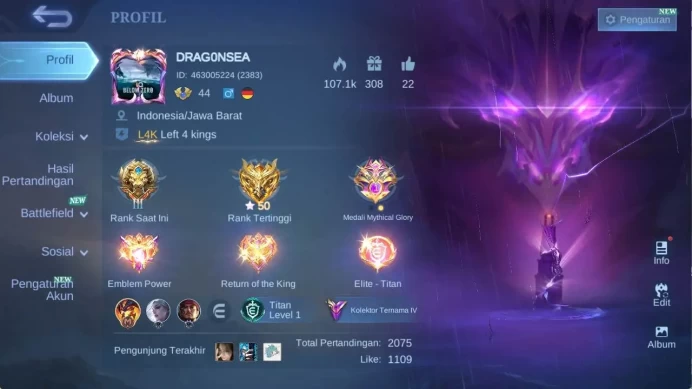 hero 83+, skin 170+ nexus thamuz, sanrio florin, LB Kimmy, valentine fanny, dragon ling, lightborn GR,msc natan check SS ML1294B