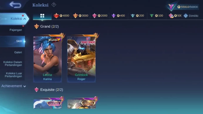 Hero 132 Skin 250 | Stunt Chou | Zodiac Selena | Luckybox Franco | KOF Karina | CC Natalia check ss ML1311B