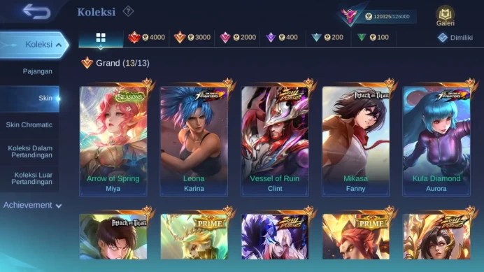 Hero 131 Skin 287 | Spring Miya | Vessel Clint, Benedet,Aamon, Cecil | AOT Fanny, Martis | Collector 4 check ss ML1314B