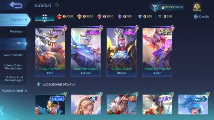 Hero 132 Skin 213 | KOF Karina | Epic Gusion, Khufra | Meow Julian | 515 Zilong, Harith | MPL Brody check ss ML1334B