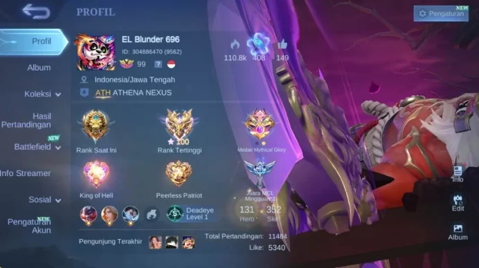 hero 130+, skin 352 legend franco, prime claude, prime GR, soulvessel Aamon, annu haya, CC ling, LB (Kimmy, uranus) ML1356B
