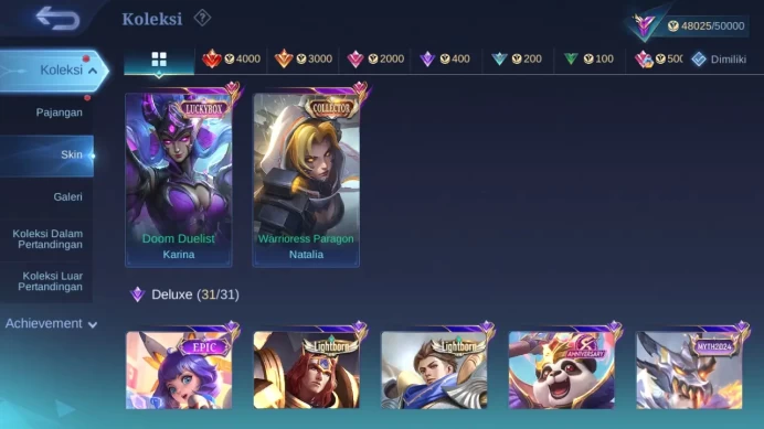Hero 132 Skin 222 | Luckybox Karina | CC Natalia | KOF Karina | Lightborn Alucard, Tigreal check ss ML1396B