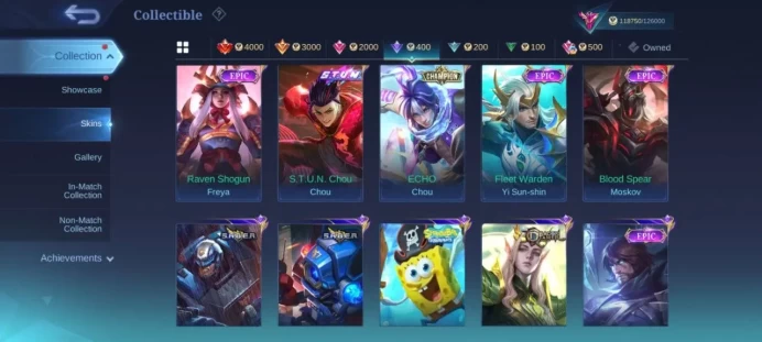 ML146//Level 68 358 Skins Mythic legend valir JJK Gojo collector YSS YUZHONG KOF dyrotth general Kai 56 Dulex ECHO Chou Epic recall
