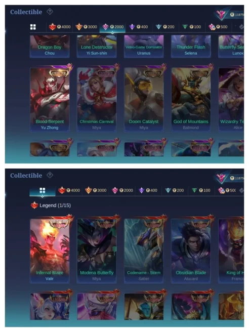 ML146//Level 68 358 Skins Mythic legend valir JJK Gojo collector YSS YUZHONG KOF dyrotth general Kai 56 Dulex ECHO Chou Epic recall
