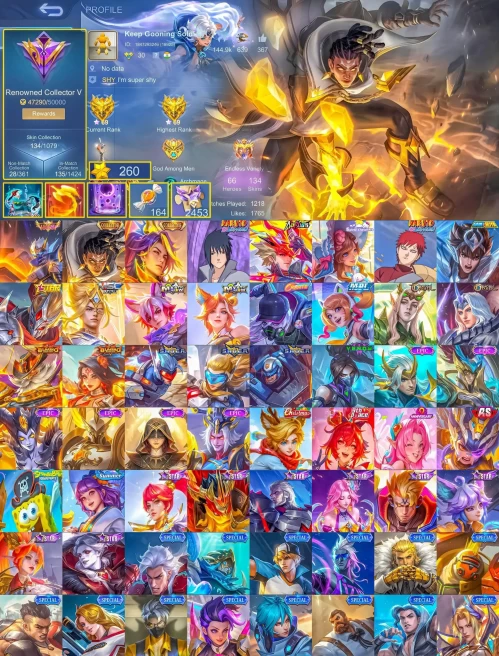 ML152//Level 30 134 Skins Mythic Legendary Granger Collector Arlot Brody Sasuke Sue Neobeast Ling
