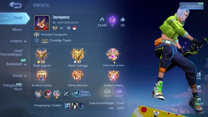 Global|Hero 103,Skin 195,rising loli,venom GS,Valentine claud,saiya badang,Dtamer ling,Summer Haya,starlight fanny renow ML1587B