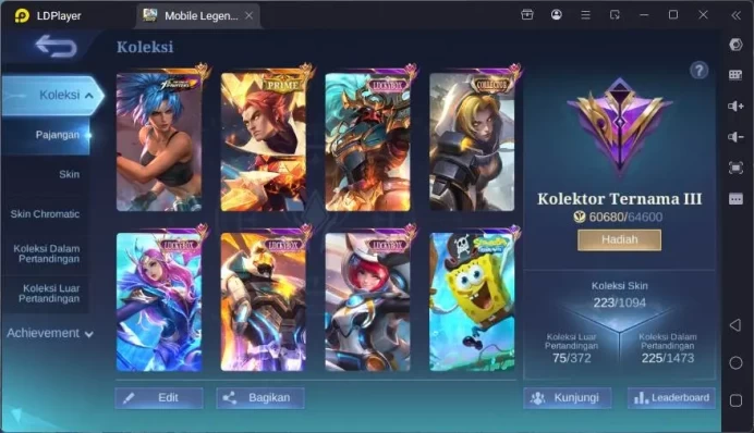 GLOBAL|Hero 114|Skin 223|Prime Yz,Kof Karina,Lucky Alpha+Gatot+Odette+Kimmy,etc|Renowned Cc||Check SS|ML1629B