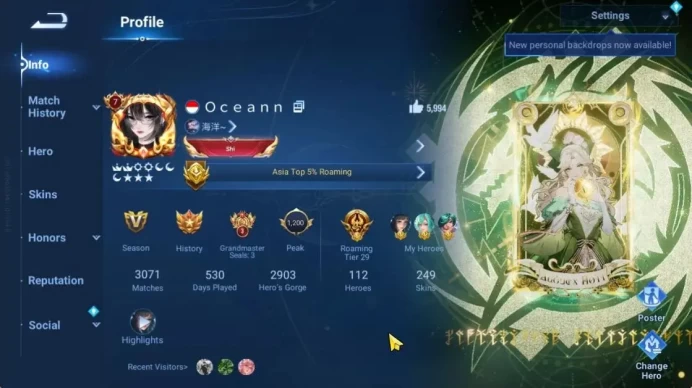 Hero112 Skin249|Mythic(DiaoChan),Flawless(LadyZen),Precious(MarcoPolo),Blessed(LubanNo7,DaQiao),2Limbo|Infinite|CheckSS(HOK1985)