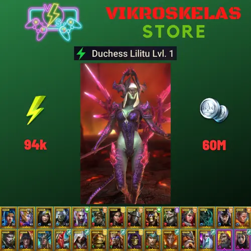 Starter acc with Lilitu : 94k energy / 60 mln coins / Abbess, Holsring, Grohak, Arix, Ninja + 20 Login Legendaries / Gala, Ursala