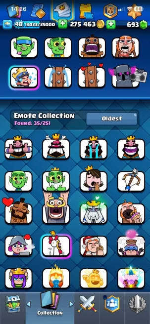 KT 14 // Emotes 35 // 2 Evo Cards // 2 Hero Cards // 9079 Trophies // 693 Gems // 48 LVL // 9 Years Played // Instant Delivery // Full Access
