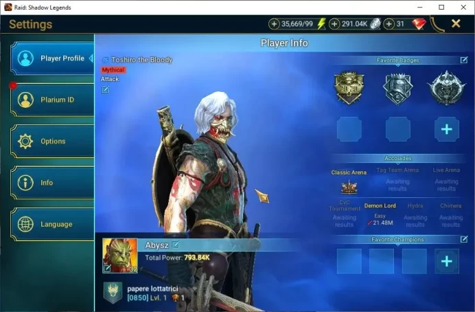 Lv32 793K Power|1 Mythic[Toshiro]+23 Legend(Martyr,Vizier,Ninja,Artax,McAngelo,Ezio,Wukong,Etc)|35K Energy|Plarium|RSL1475