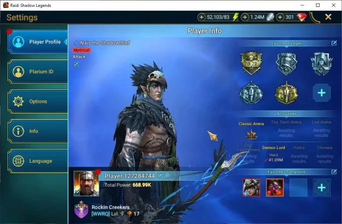 Lv24 668K Power|1 Mythic [Nais] +18 Legendary(Pythion,Ninja,Artax,McAngelo,Ezio,Wukong,Etc)|52K Energy|Plarium|RSL1476
