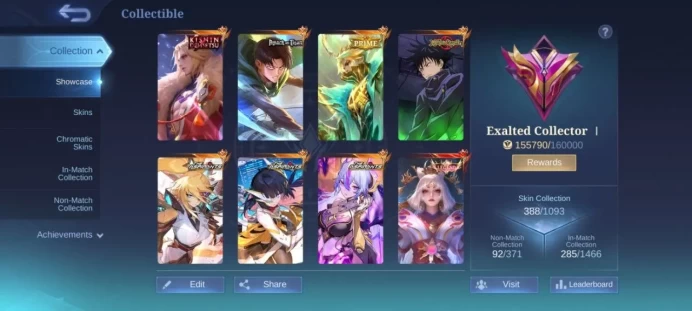 ML66 Rank Mythic Level 50 Winrate 81% 130 Heroes 388 Skins leg Lunox Close Mega WR 81% Kishin karrie JJK Julian HxH harith Ducati Leo asp 3 KOF