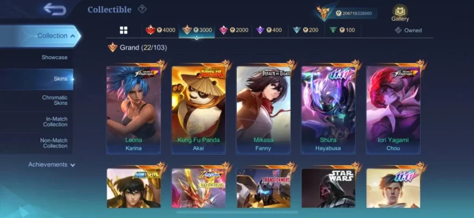 ML68 Rank Mythic Level 84 Winrate 53% 131 Heroes 458 Skins Top Rank Mythic Honor 35 stars Legend Alucard Franco Star wars Argus Levi Eren