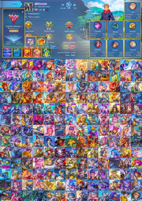 ML164//Level 109 406 Skins Mythic Rank Legendary Gossen Abis Moskov Itadori Yin Prime Granger Beatrice Chong