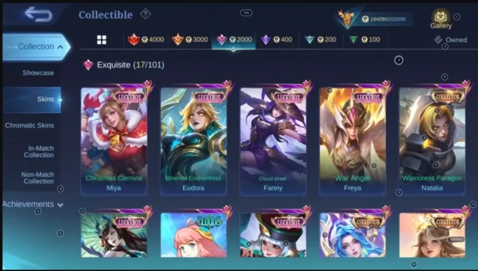 ML70 Rank Mythic Level 56 Winrate 50% 130 Heroes 357 Skins Top Rank Mythic Honor 45 stars MagaCollector 4 6 LEGEND skins Mia Franco Leslie Valir