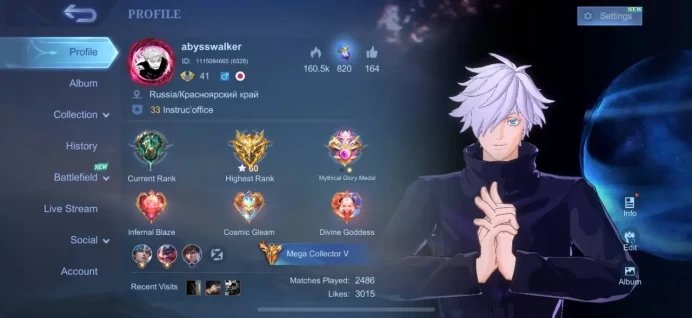 ML71 Rank Epic Level 41 Winrate 53% 132 Heroes 329 Skins Top Rank Glory 60 stars LEGEND Franco Valir Freya Gusion Lunox Naruto Satoru