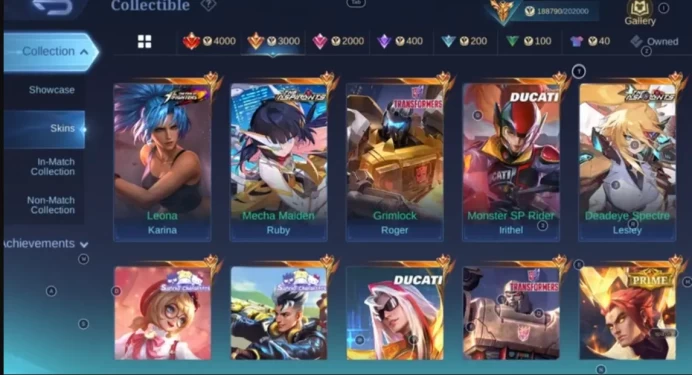 ML72 Rank Epic Level 51 Winrate 57% 130 Heroes 435 Skins Top Rank Mythic Honor 35 stars LEGEND Franco Gord and Granger Complete Ducati Collectio