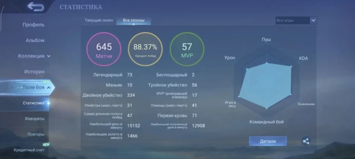 ML73 Rank Epic Level 44 Winrate 88% 51 Heroes 53 Skins TEST SERVER 88% VR