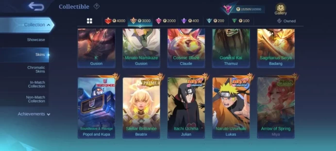 ML74 Rank Mythical Immortal Level 120 Winrate 53% 132 Heroes 414 Skins Close Mega Naruto Itachi Minato Lukas Gusion Full Skins Neo Pharsha TrAur