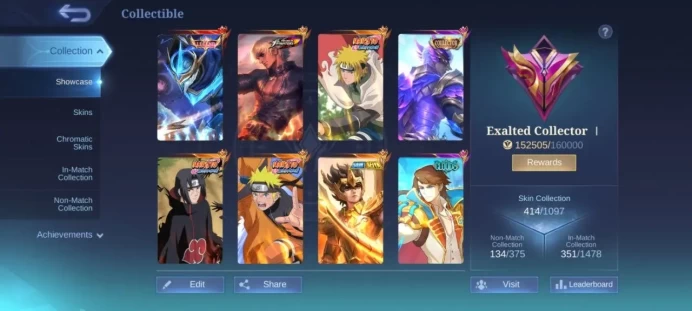 ML74 Rank Mythical Immortal Level 120 Winrate 53% 132 Heroes 414 Skins Close Mega Naruto Itachi Minato Lukas Gusion Full Skins Neo Pharsha TrAur