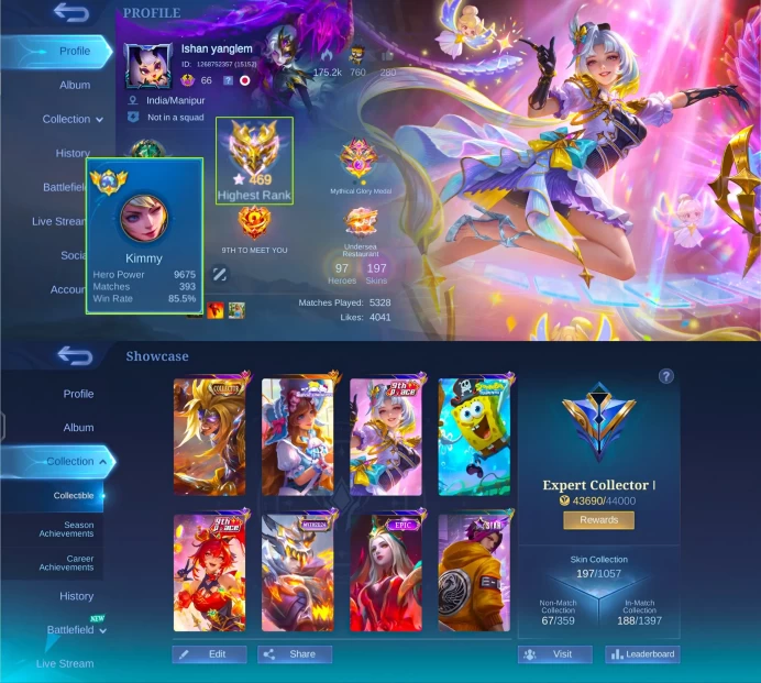 ML174//Level 66 197 Skins Mythical Immortal 469 stars in max Global Kimmy Collector Badang