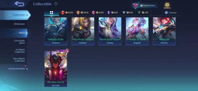 ML184//Level 58 226 Skins Mythic Kof Valir Collector Dyrroth Mikasa Fanny Soul Vessel Hanabi Kof Aurora Al Star Moskov MC 128
