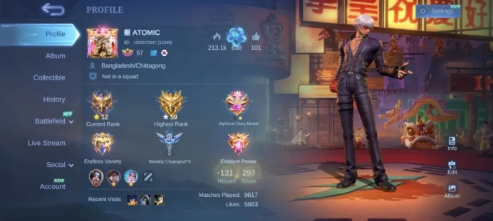 ML185//Level 97 297 Skins Mythic KOF GUSION prime Claude Kishin karrie LUCKYBOX Karina Guinevere Star kagura 41 dulex 128 MC draw