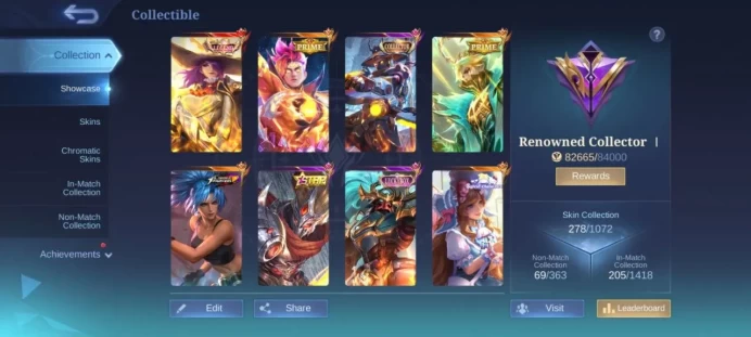 ML186//Level 58 278 Skins Mythic legnd Lesley collector YSS Prime Granger Claude LKYBOX Alpha Claude Hanabi Odette Lesley 33Dulex 116 Heroes 52 