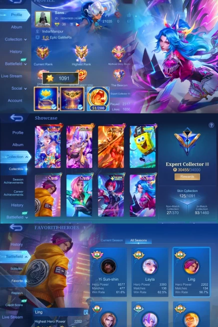 ML195//Level 36 125 Skins Mythical Immortal 100+ max Legendary Leila Collector Fasha Aspirant Vexana Cyclops Sponge