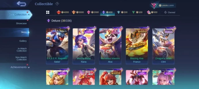 ML196//Level 106 323 Skins Mythic legnd Franco KOF Guin Prime Granger transfer Granger LUKBOX Lunox Haya Franco alpha edoura Change