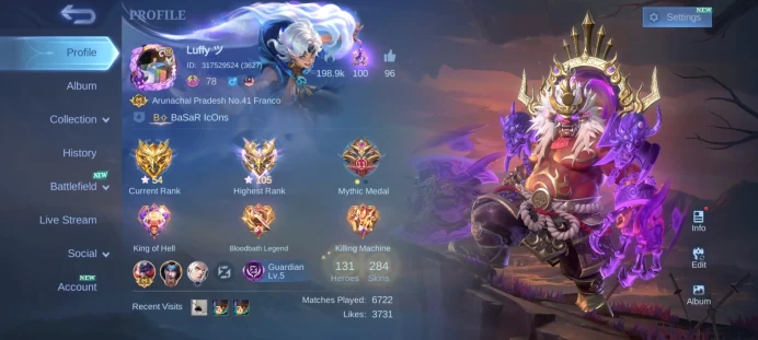 ML197//Level 78 284 Skins Mythical Immortal Legend Franco KOF Guinevere Prime Claude Kishin Recall Effect 34 Deluxe Skin Full Access