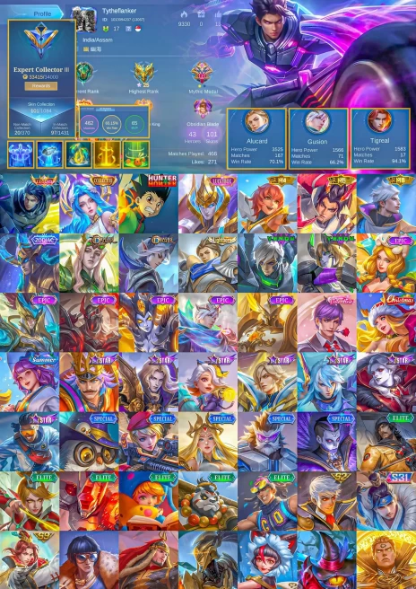 ML199//Level 17 101 Skins Mythic Legendary Alucard Collector Aurora Hunter Darius Zodiac Martis