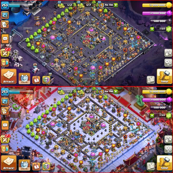 [ Pro Th18 ] All 6 Heroes Max { 15 Rare Epic Max } Xp 253, 3444 WAR STAR, 5 Scenery, 41 Skin Hero, Set Snake ! 275 Wall Max, 100% Full Defenses