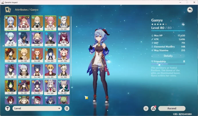 Asia AR51 | Ganyu, Neuvillette, Yelan, Yae Miko, Chiori, Aloy | Jean, Tighnari, Mona | UID 82 | GI012B