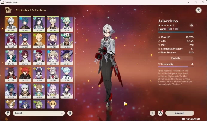 Mid-Game | ASIA | AR 44 | Limit 1 | Primo 8920 Arlecchino Diluc | MC Male GI026B