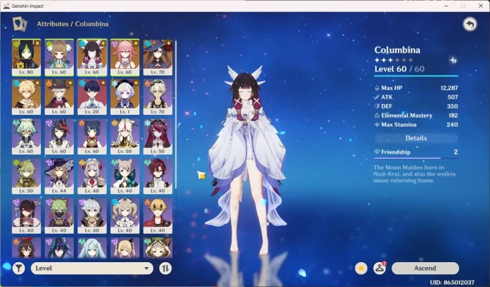 Mid-Game|ASIA|AR 49|3 Limit|Columbina|Lynae|Yae Miko MC Male,Weapon : Skywarp Harp Costume : Diluc GI033B
